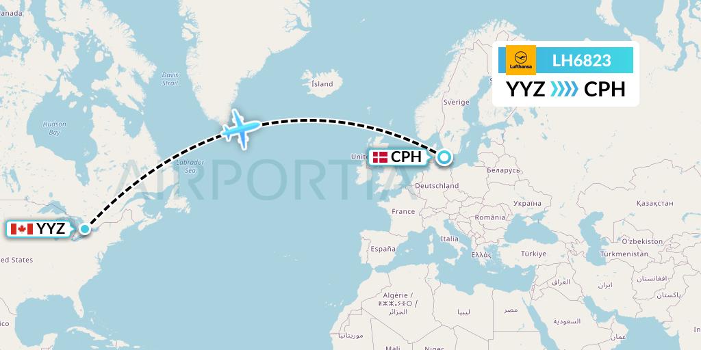 LH6823 Lufthansa Flight Map: Toronto to Copenhagen