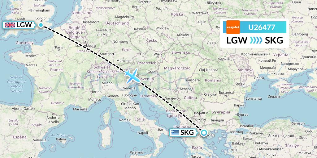 U26477 EasyJet Flight Map: London to Thessaloniki