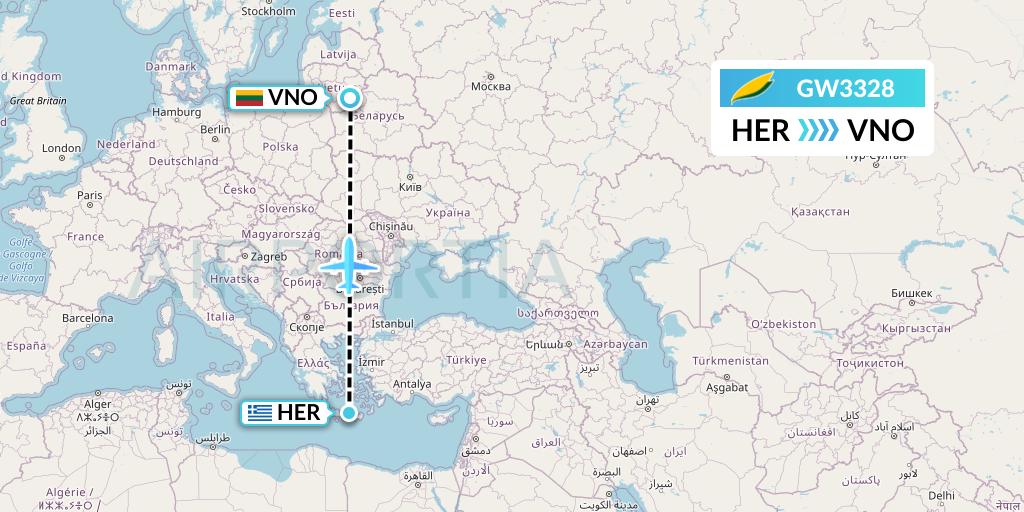 GW3328 GetJet Airlines Flight Map: Heraklion to Vilnius