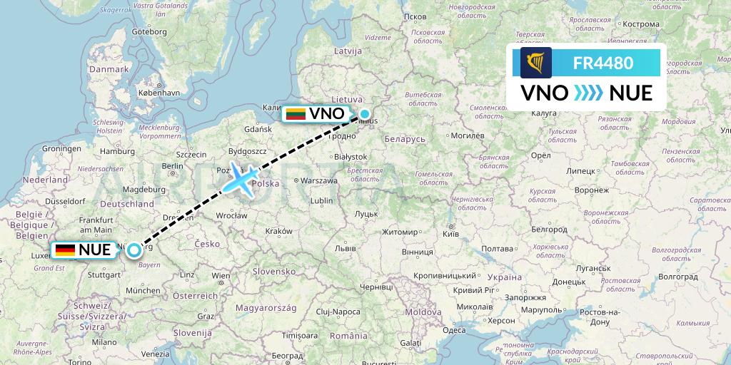 FR4480 Ryanair Flight Map: Vilnius to Nurnberg