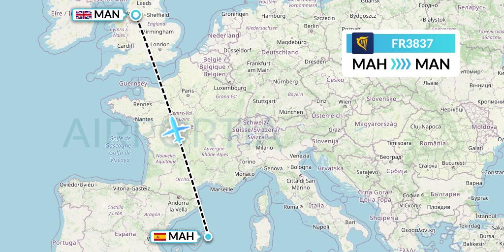 FR3837 Ryanair Flight Map: Mahon to Manchester