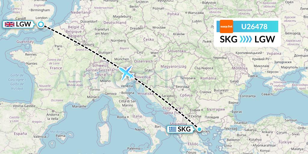 U26478 EasyJet Flight Map: Thessaloniki to London