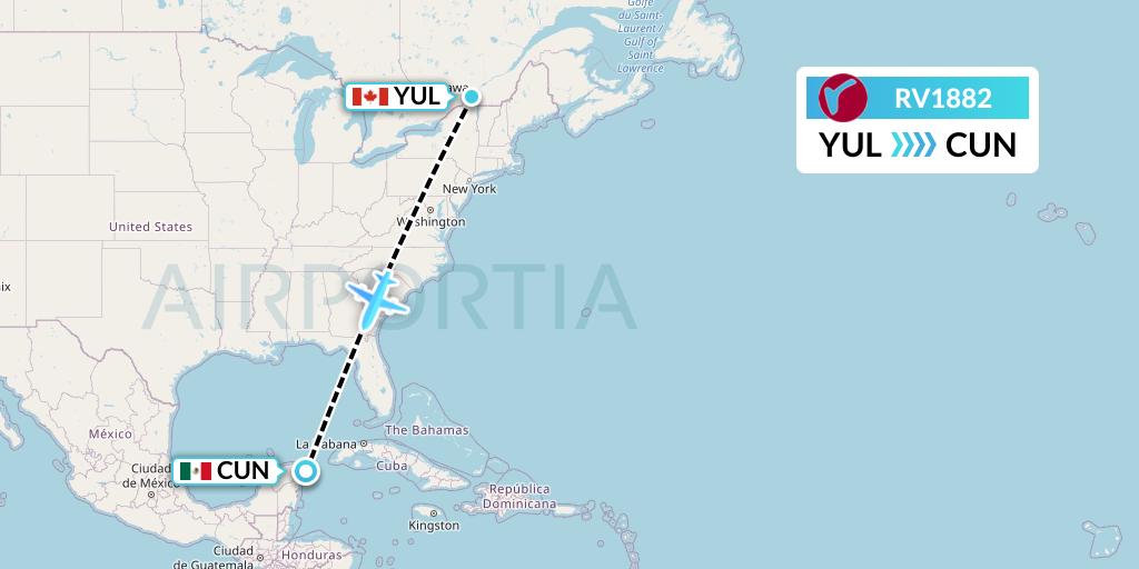 RV1882 Air Canada Rouge Flight Map: Montreal to Cancun