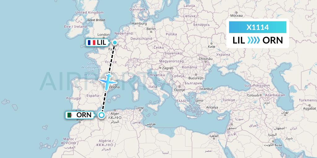 X1114 Nik Airways Flight Map: Lille to Oran