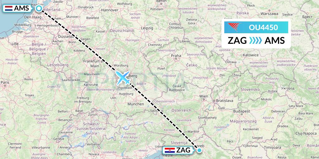 OU4450 Croatia Airlines Flight Map: Zagreb to Amsterdam