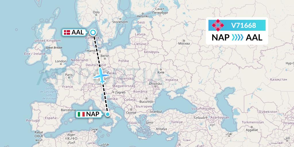 V71668 Volotea Flight Map: Naples to Aalborg