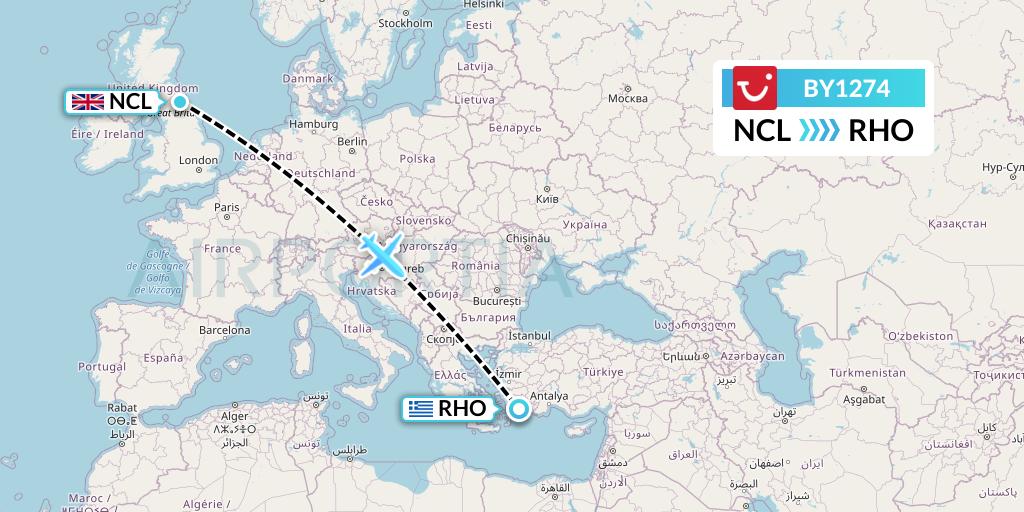 BY1274 TUI Airways Flight Map: Newcastle to Rhodes