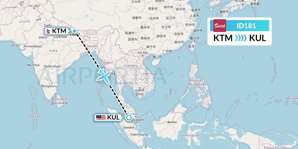 ID181 Batik Air Flight Map: Kathmandu to Kuala Lumpur