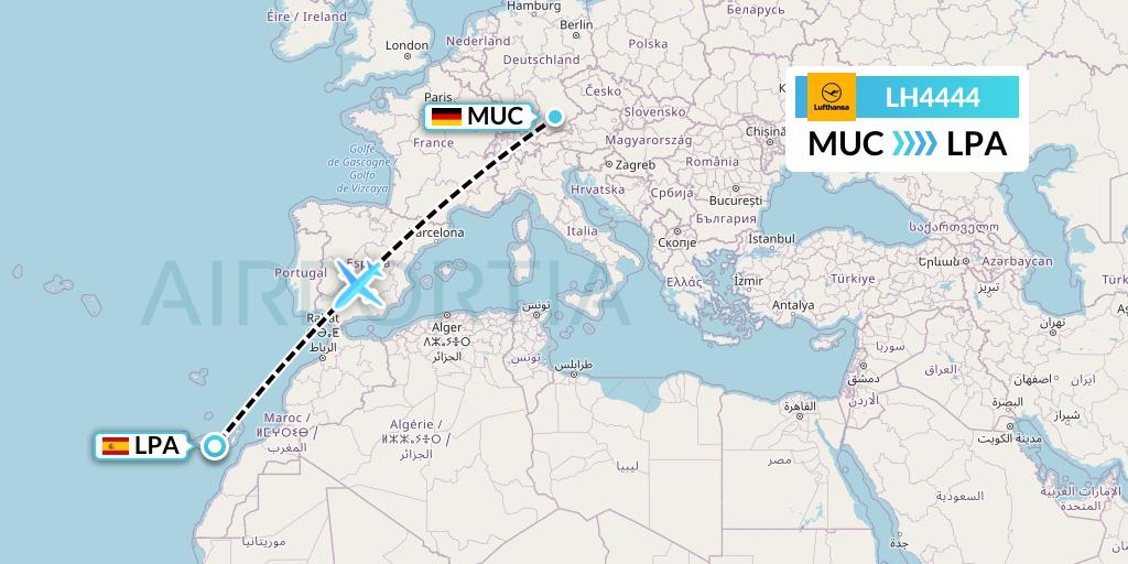 LH4444 Lufthansa Flight Map: Munich to Las Palmas