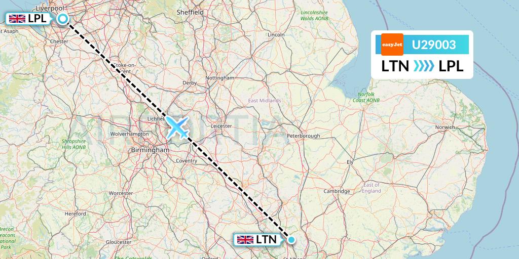 U29003 EasyJet Flight Map: London to Liverpool