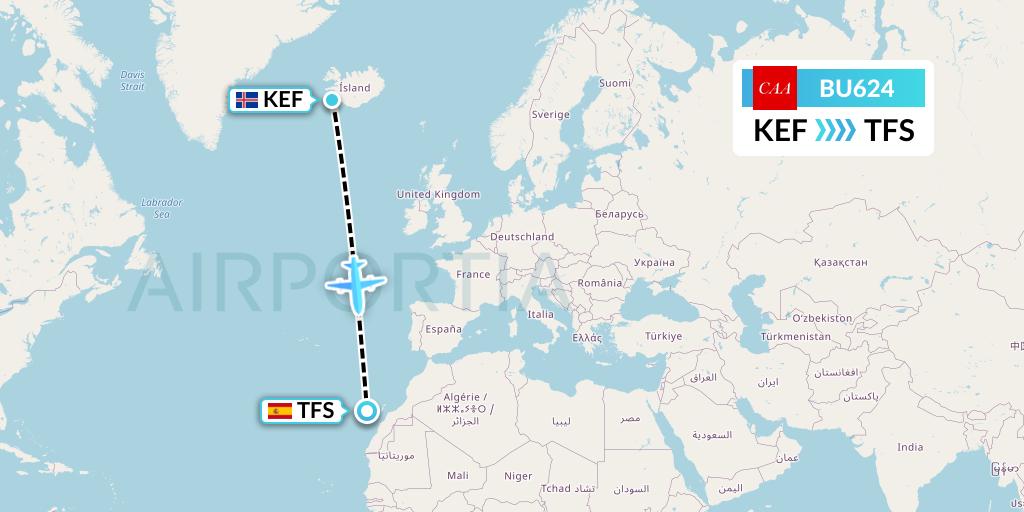 BU624 flyCAA Flight Map: Reykjavik to Tenerife