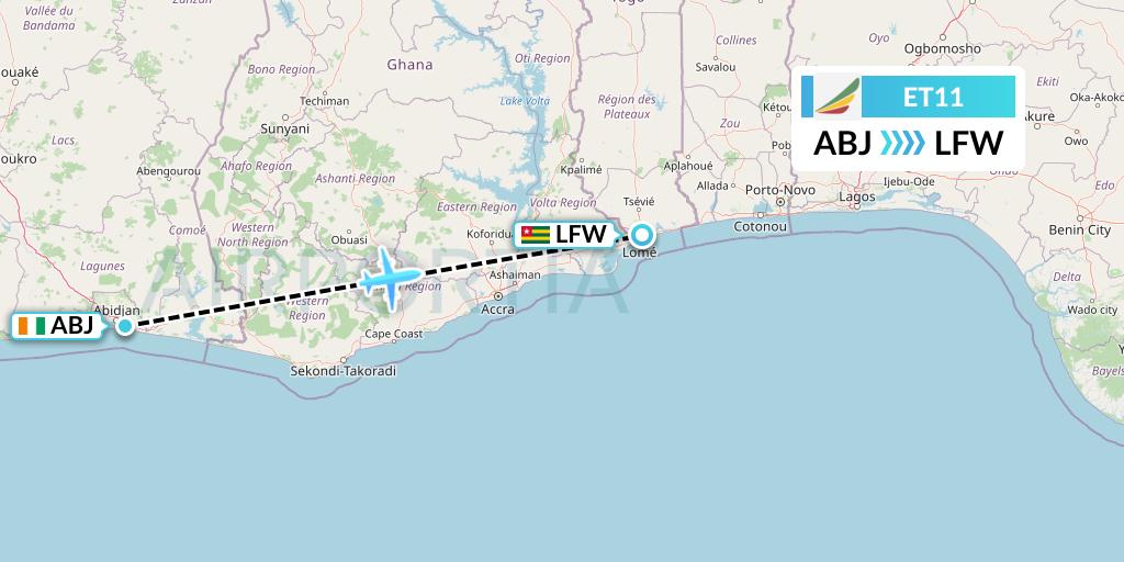 ET11 Ethiopian Airlines Flight Map: Abidjan to Lome