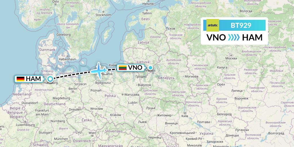 BT929 Air Baltic Flight Map: Vilnius to Hamburg
