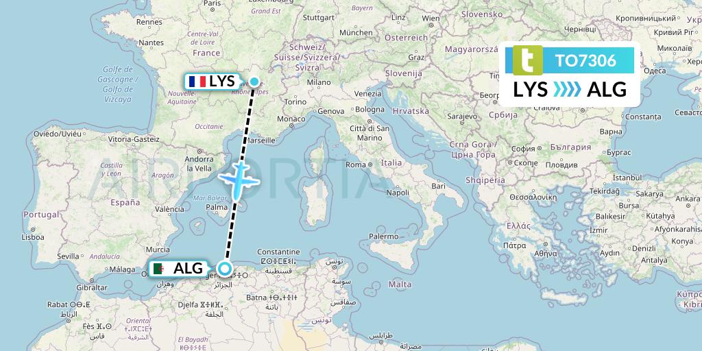 TO7306 Transavia France Flight Map: Lyon to Algiers
