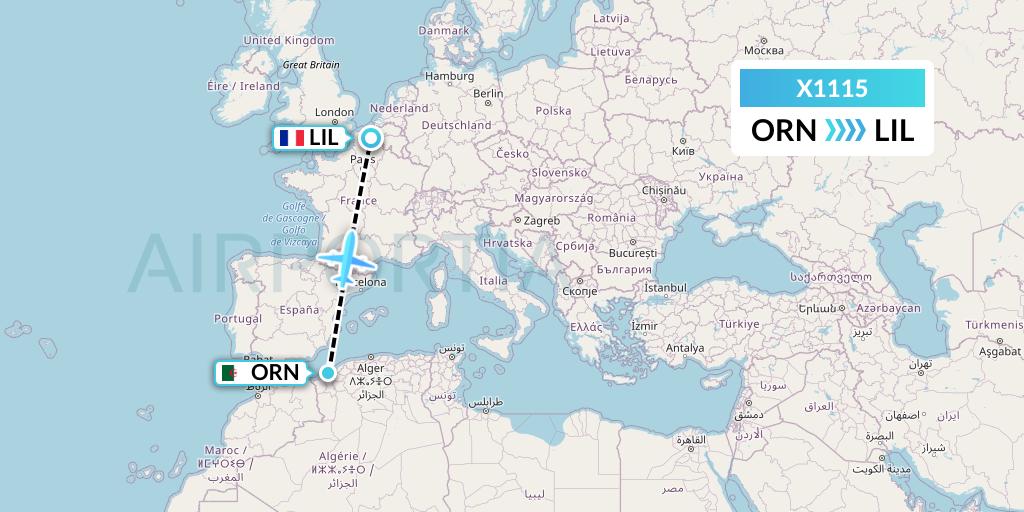 X1115 Nik Airways Flight Map: Oran to Lille
