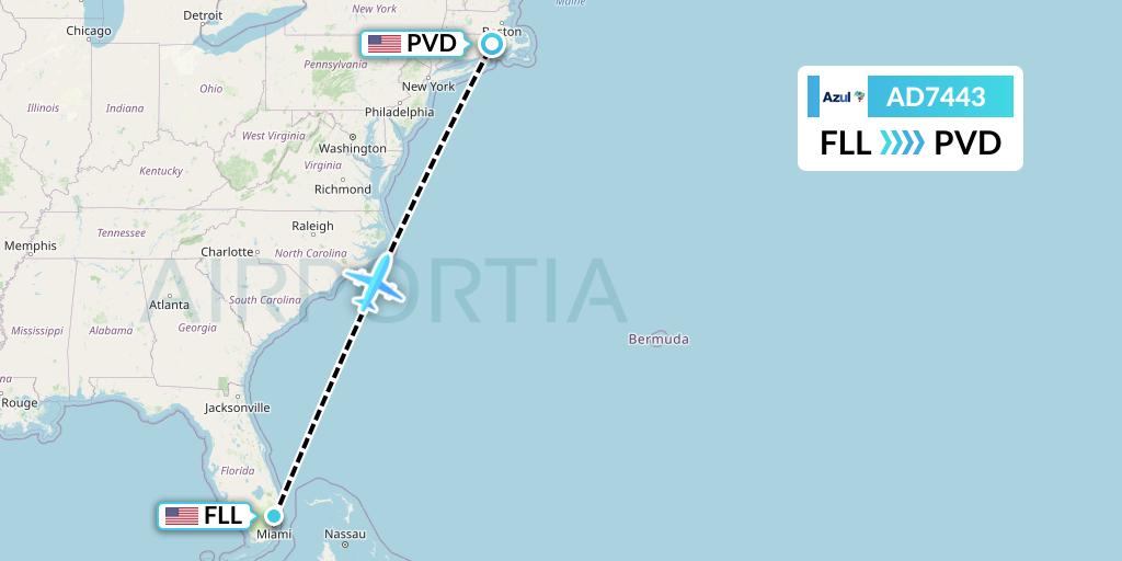 AD7443 Azul Brazilian Airlines Flight Map: Fort Lauderdale to Providence