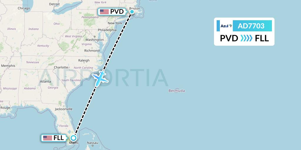 AD7703 Azul Brazilian Airlines Flight Map: Providence to Fort Lauderdale