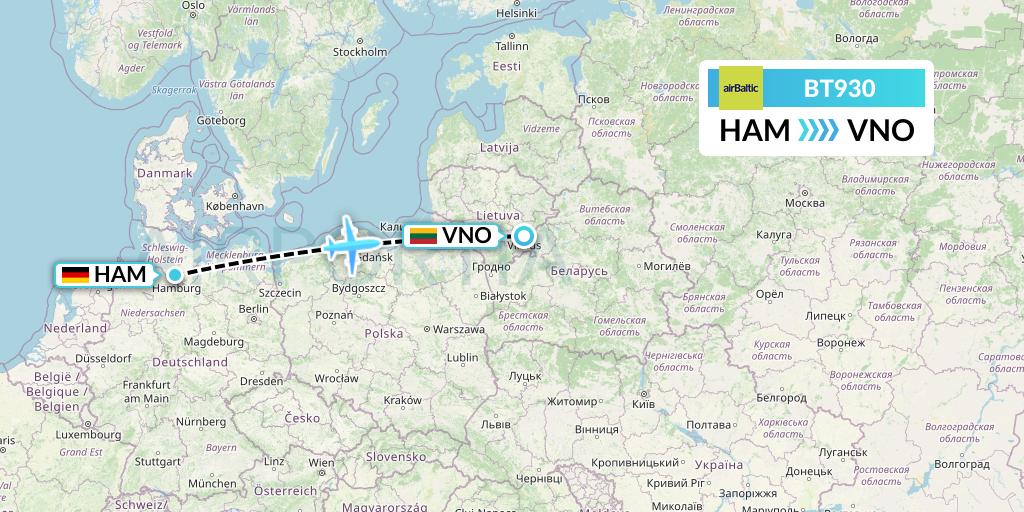 BT930 Air Baltic Flight Map: Hamburg to Vilnius
