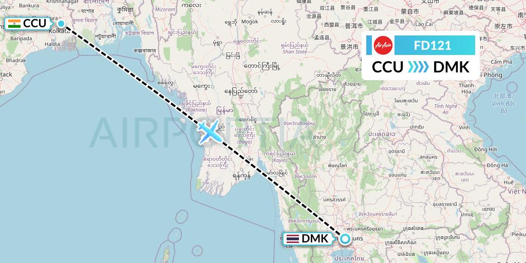 FD121 Thai AirAsia Flight Map: Kolkata to Bangkok