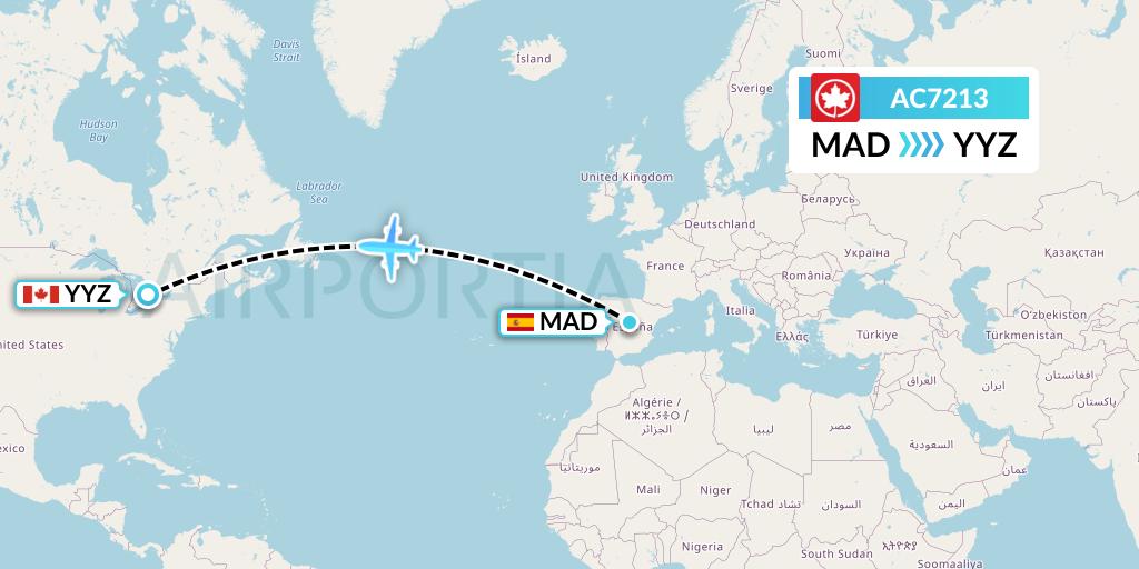 AC7213 Air Canada Flight Map: Madrid to Toronto