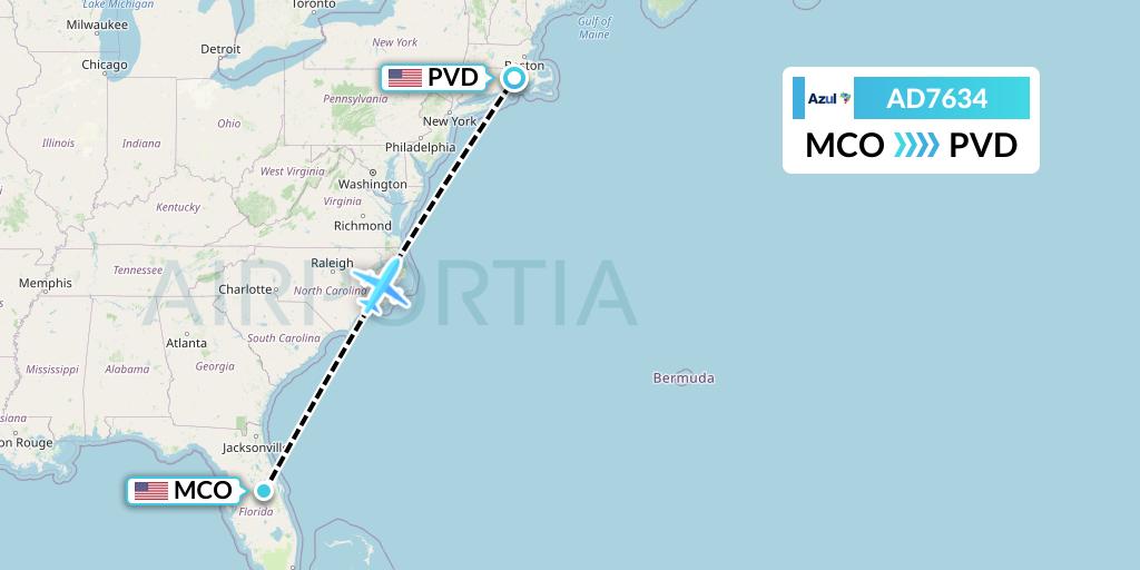 AD7634 Azul Brazilian Airlines Flight Map: Orlando to Providence
