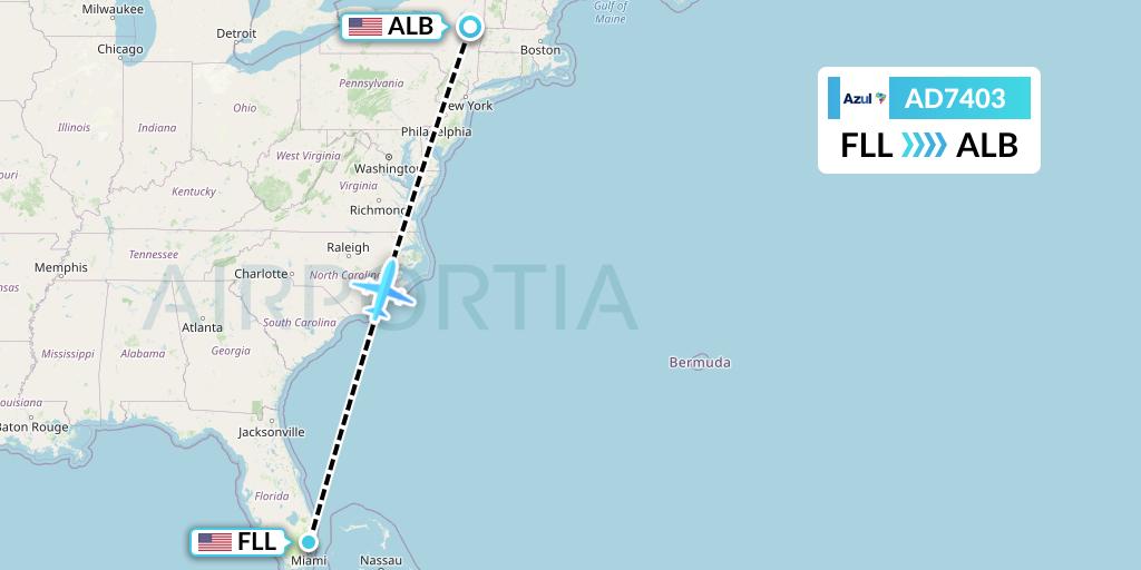 AD7403 Azul Brazilian Airlines Flight Map: Fort Lauderdale to Albany