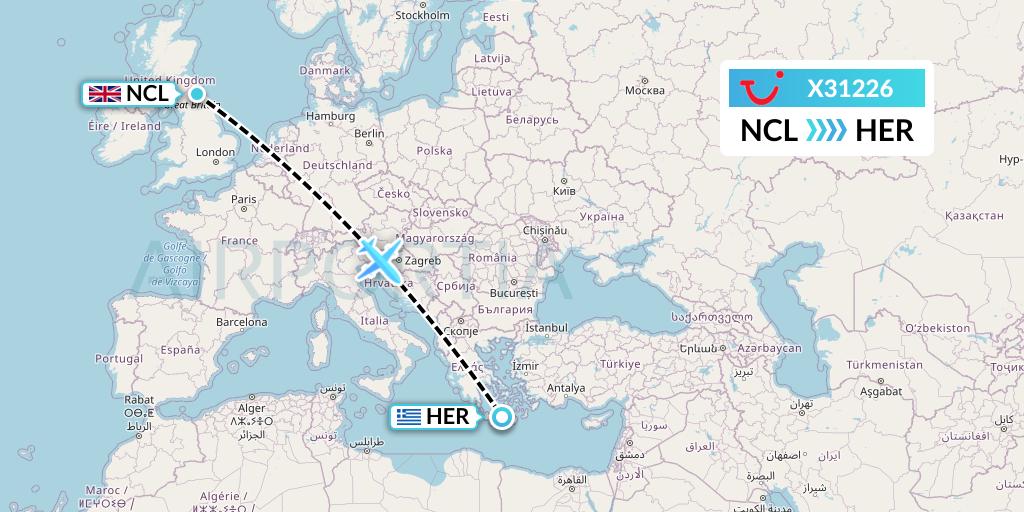 X31226 TUI fly Germany Flight Map: Newcastle to Heraklion