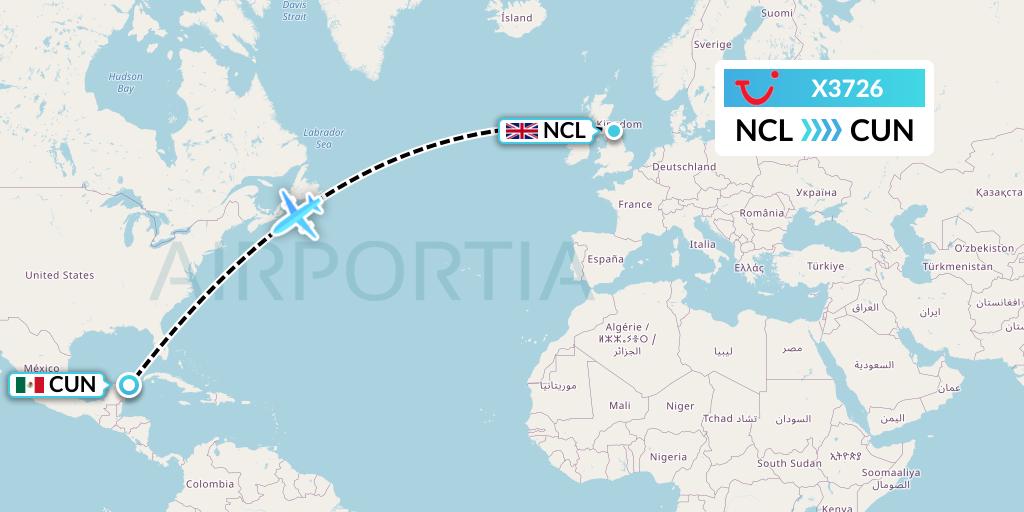 X3726 TUI fly Germany Flight Map: Newcastle to Cancun