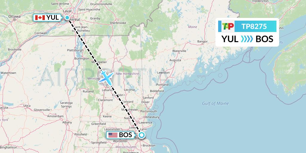 TP8275 TAP Portugal Flight Map: Montreal to Boston