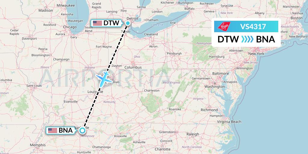 VS4317 Virgin Atlantic Airways Flight Map: Detroit to Nashville