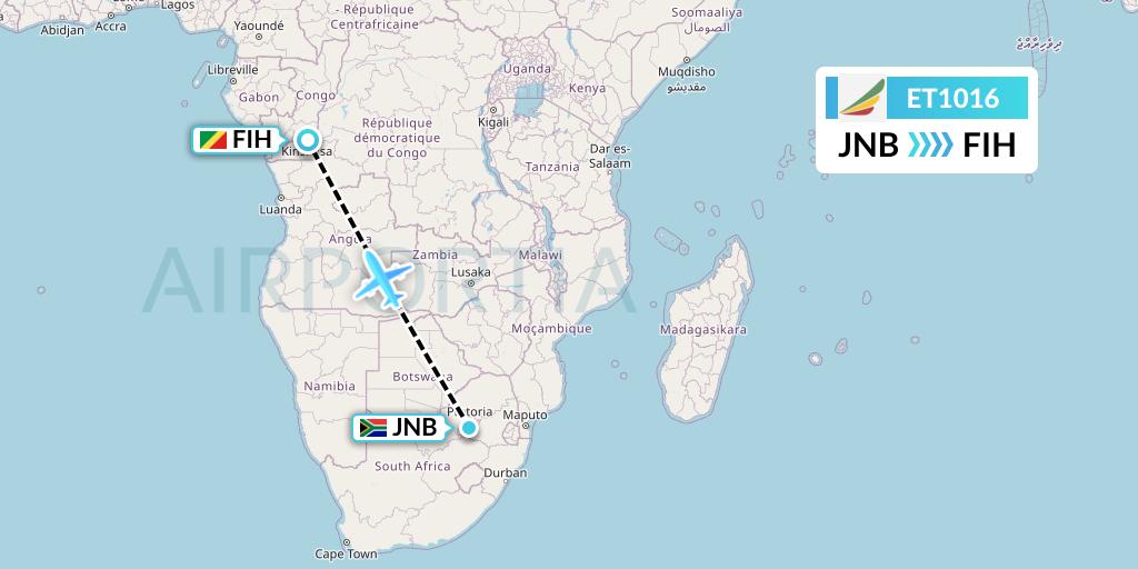 ET1016 Ethiopian Airlines Flight Map: Johannesburg to Kinshasa