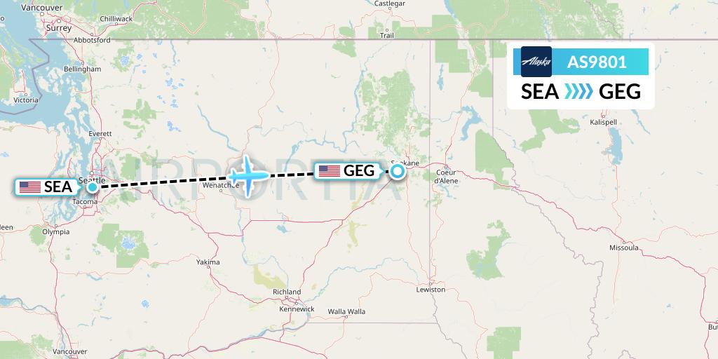 AS9801 Alaska Airlines Flight Map: Seattle to Spokane