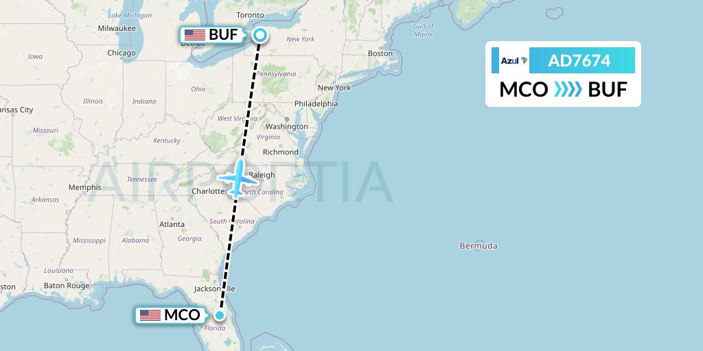 AD7674 Azul Brazilian Airlines Flight Map: Orlando to Buffalo