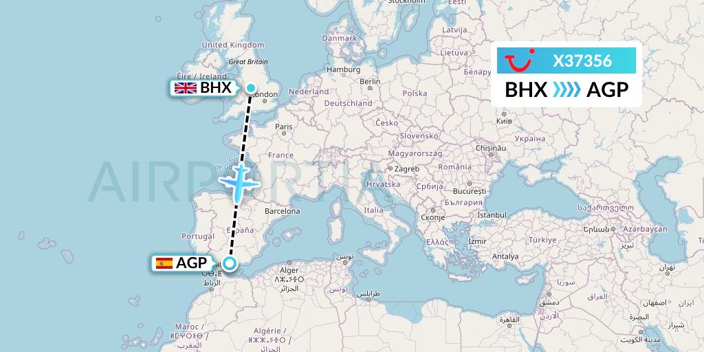 X37356 TUI fly Germany Flight Map: Birmingham to Malaga
