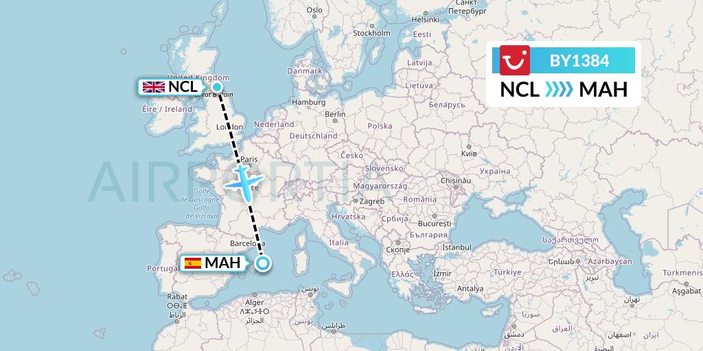BY1384 TUI Airways Flight Map: Newcastle to Mahon