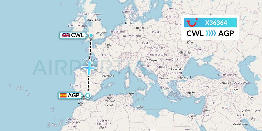 X36364 TUI fly Germany Flight Map: Cardiff to Malaga