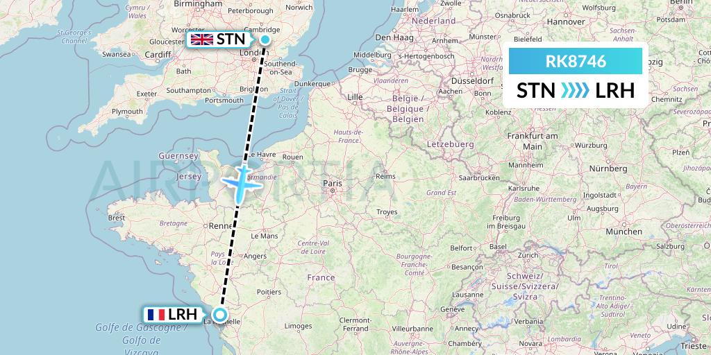 RK8746 Ryanair UK Flight Map: London to La Rochelle