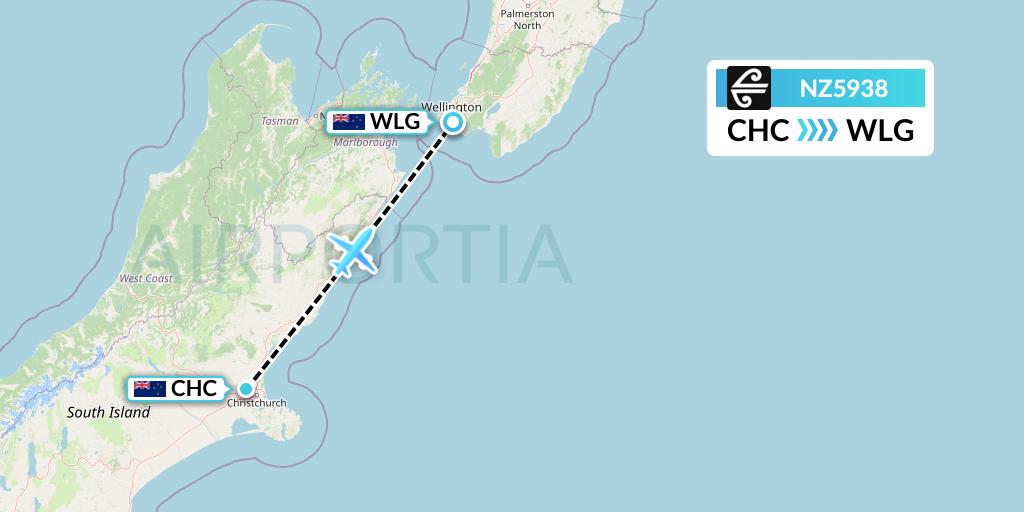 NZ5938 Air New Zealand Flight Map: Christchurch to Wellington