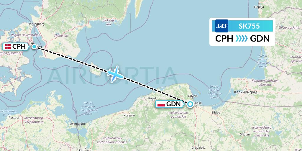 SK755 SAS Flight Map: Copenhagen to Gdansk