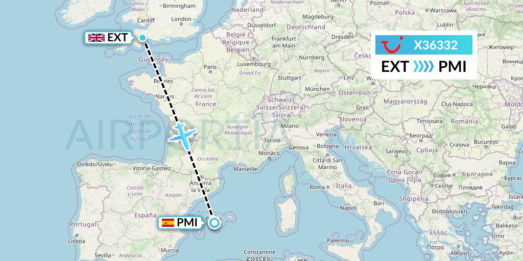 X36332 TUI fly Germany Flight Map: Exeter to Palma de Mallorca
