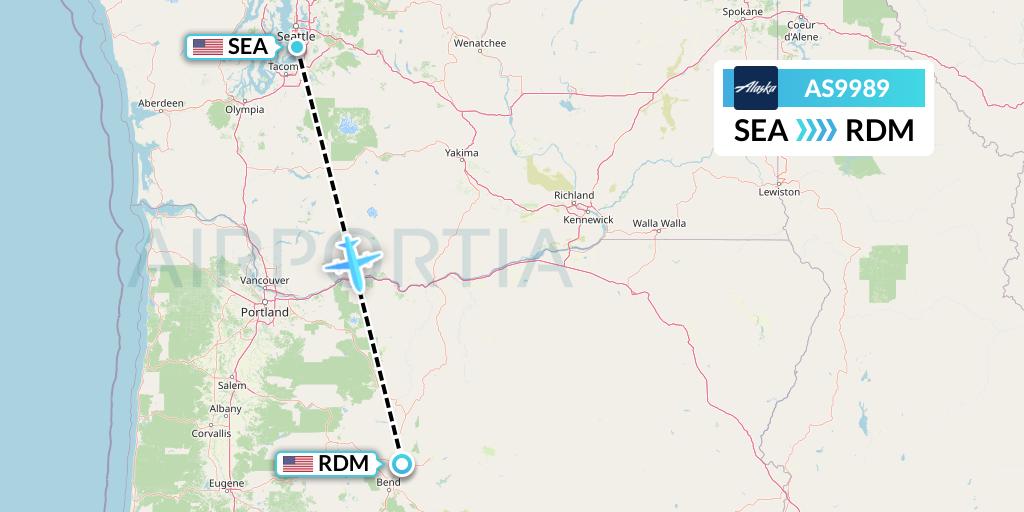 AS9989 Alaska Airlines Flight Map: Seattle to Redmond