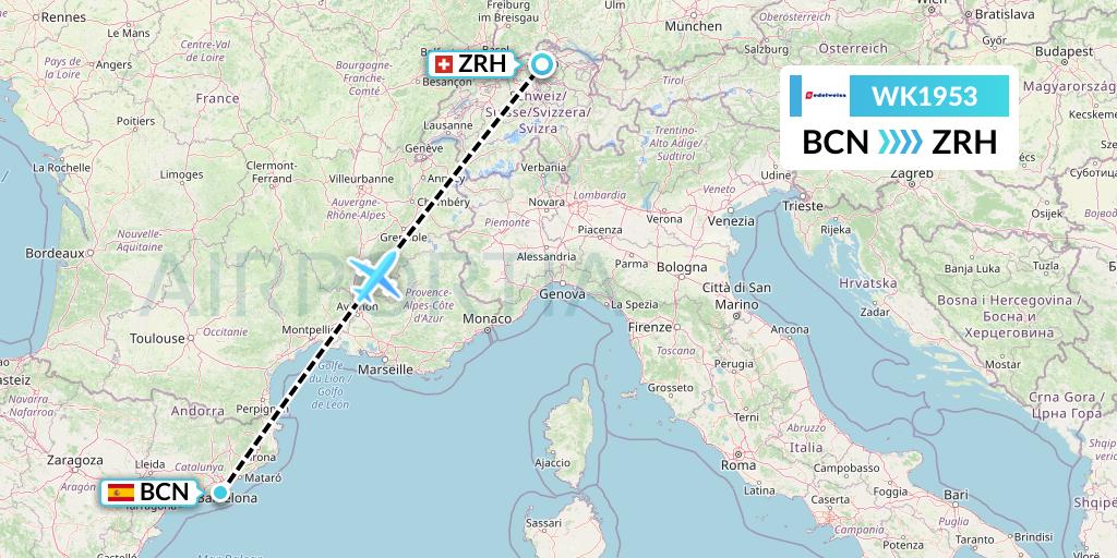 WK1953 Edelweiss Air Flight Map: Barcelona to Zurich