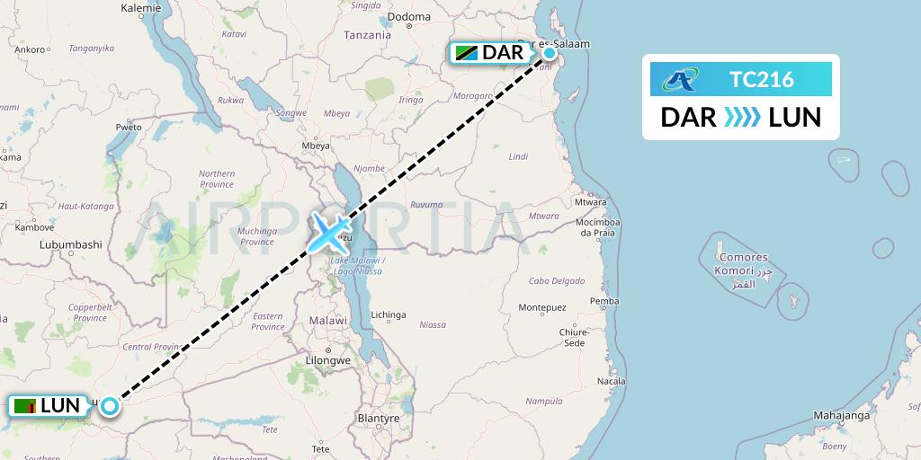 TC216 Air Tanzania Flight Map: Dar-es-Salaam to Lusaka
