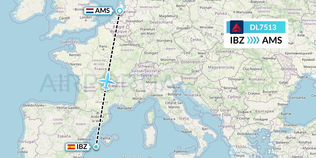 DL7513 Delta Air Lines Flight Map: Ibiza to Amsterdam