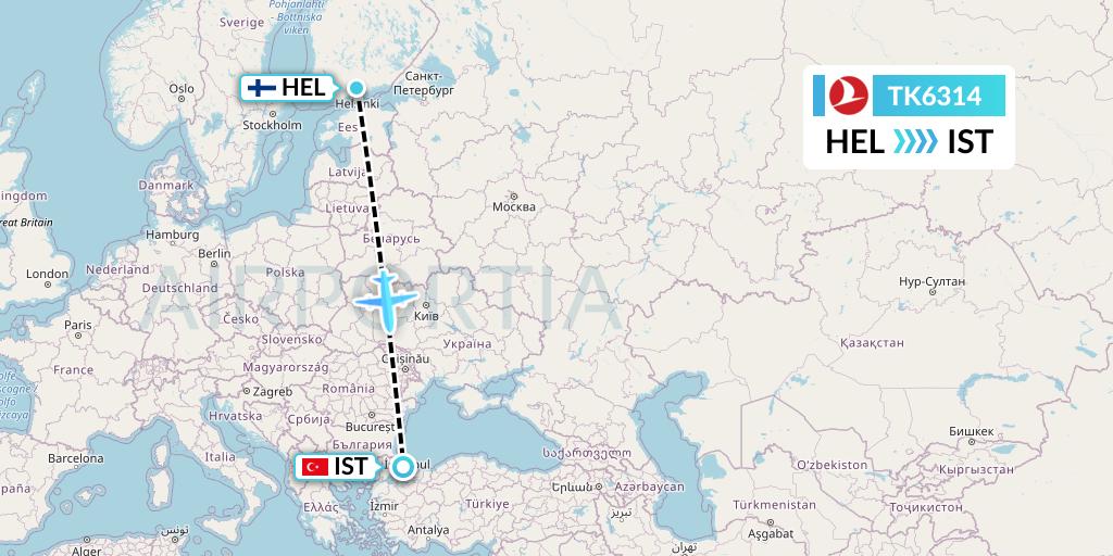 TK6314 Turkish Airlines Flight Map: Helsinki to Istanbul