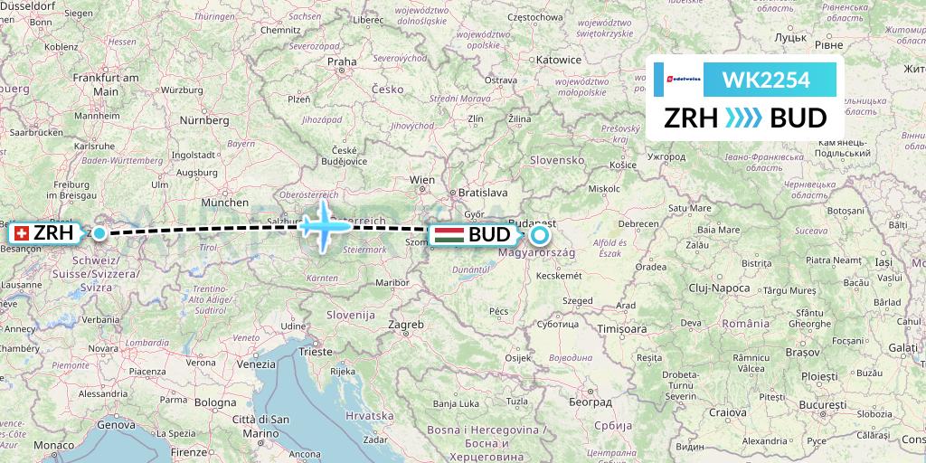 WK2254 Edelweiss Air Flight Map: Zurich to Budapest