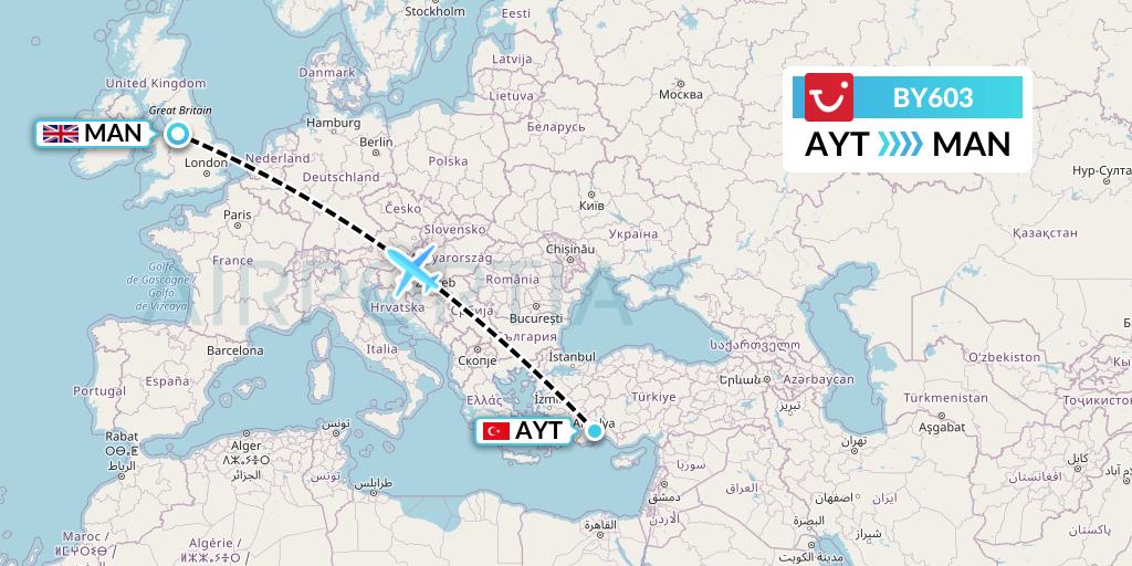 BY603 TUI Airways Flight Map: Antalya to Manchester