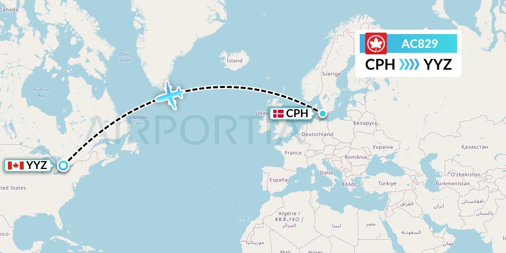 AC829 Air Canada Flight Map: Copenhagen to Toronto