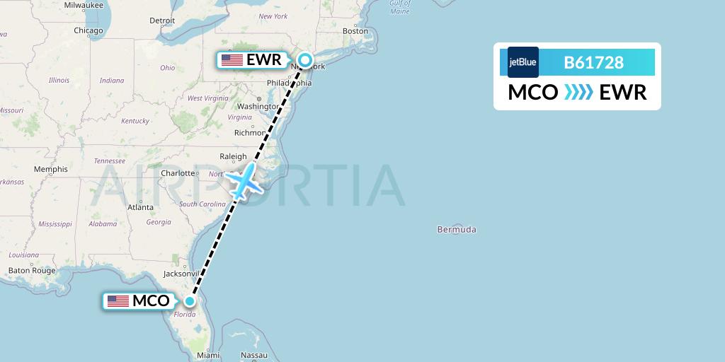 B61728 JetBlue Airways Flight Map: Orlando to New York