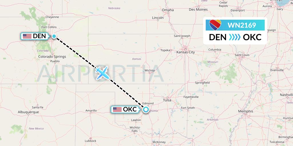 WN2169 Southwest Airlines Flight Map: Denver to Oklahoma City